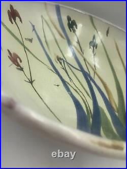 Studio Art Pottery Footed Bowl Iris Field Flowers Large 11x4.25 MCM