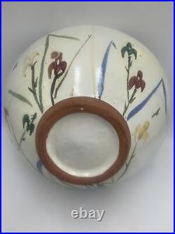 Studio Art Pottery Footed Bowl Iris Field Flowers Large 11x4.25 MCM