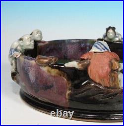 Sumida Gawa Vintage Japanese Art Pottery Bowl (6) Figures on Rim Artist Signed