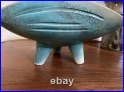 TOYO VTG MCM Footed Bowl Turquoise Blue Ceramic Art Pottery Wave Carved Sticker