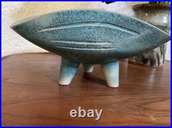 TOYO VTG MCM Footed Bowl Turquoise Blue Ceramic Art Pottery Wave Carved Sticker