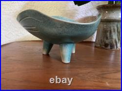 TOYO VTG MCM Footed Bowl Turquoise Blue Ceramic Art Pottery Wave Carved Sticker