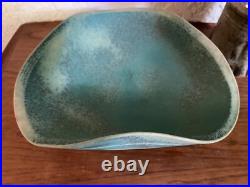 TOYO VTG MCM Footed Bowl Turquoise Blue Ceramic Art Pottery Wave Carved Sticker