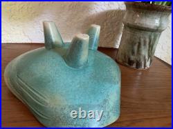 TOYO VTG MCM Footed Bowl Turquoise Blue Ceramic Art Pottery Wave Carved Sticker
