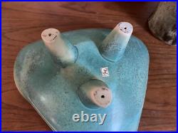 TOYO VTG MCM Footed Bowl Turquoise Blue Ceramic Art Pottery Wave Carved Sticker