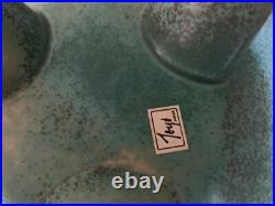 TOYO VTG MCM Footed Bowl Turquoise Blue Ceramic Art Pottery Wave Carved Sticker