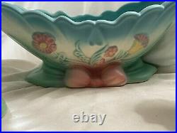 VINTAGE BLUE HULL BOW KNOT ART POTTERY CONSOLE BOWL B-16-13 1/2 WithCANDLE HOLDERS