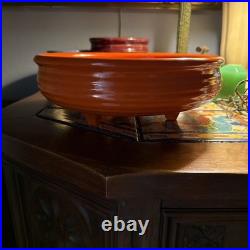 VINTAGE Bauer Pottery 3 Footed Low Bowl Blue Ringware 12 Rare Orange Glaze VINTAGE Bauer Pottery 3 Footed Low Bowl Blue Ringware 12 Rare Orange Glaze