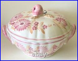 VINTAGE HB Quimper FRANCE Pink Floral COVERED CASSEROLE DISH BOWL Country French