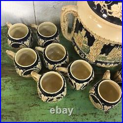 VINTAGE Large GERMAN STONEWARE POTTERY SOUP TUREEN PUNCH BOWL STEIN SET 13 Cups