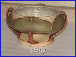 Vintage Matte Green Amphora Art Nouveau Lotus Tendril Handle Bowl Vase Pottery