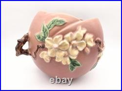 VINTAGE ROSEVILLE #342-6 PINK APPLE BLOSSOM ART POTTERY BOWL/VASE WithTWIG HANDLES