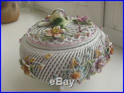 VINTAGE Romania Fine Porcelain Lace Reticulated Floral Bowl with cover