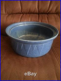 Vintage Whitehall IL Stoneware Ruckel's Pottery Blue Sawtooth Covered Dish Bowl