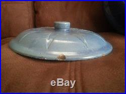 Vintage Whitehall IL Stoneware Ruckel's Pottery Blue Sawtooth Covered Dish Bowl