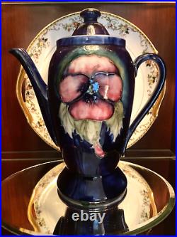 VINTAGE William Moorcroft Pottery TEA POT (5 PC) SET PANSY cobalt blue 1928-49