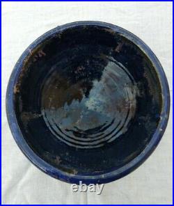 VTG 1940s COBALT BLUE HAND CRAFTED GLAZED POTTERY ROUND BOWL INITIALED FARMHOUSE