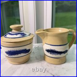 VTG 90s East Knoll Pottery Mochaware Sugar Bowl Creamer Set Seaweed Yellow Ware