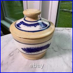 VTG 90s East Knoll Pottery Mochaware Sugar Bowl Creamer Set Seaweed Yellow Ware