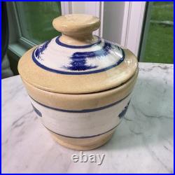 VTG 90s East Knoll Pottery Mochaware Sugar Bowl Creamer Set Seaweed Yellow Ware