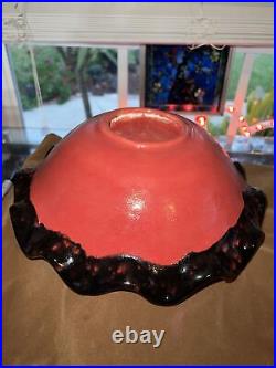 VTG ART Ruffled Scalloped Serving Bowl RED With DRIPPING BLACK TRIM POTTERY RARE