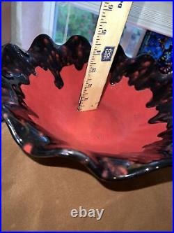 VTG ART Ruffled Scalloped Serving Bowl RED With DRIPPING BLACK TRIM POTTERY RARE