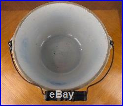 VTG Blue Stoneware Bowl Wood Handle Spongware Crock Primitive Glaze Pottery Art