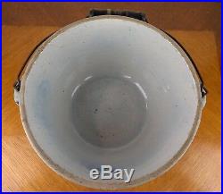VTG Blue Stoneware Bowl Wood Handle Spongware Crock Primitive Glaze Pottery Art