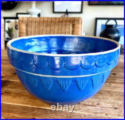 VTG Clay City Pottery Large Mixing Blue Bowl Scalloped USA Stonewear Bread 12