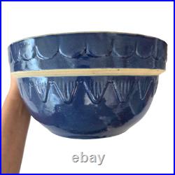 VTG Clay City Pottery Large Mixing Blue Bowl Scalloped USA Stonewear Bread 12