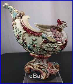 VTG Early Eichwald Majolica Bird Figure Bowl Dish Pottery Art Peacock Urn Vase