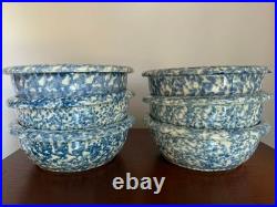 VTG Gerald E Henn Roseville OH Pottery Blue Sponge-ware 6 Cereal Bowls Set Of 6