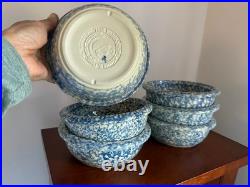 VTG Gerald E Henn Roseville OH Pottery Blue Sponge-ware 6 Cereal Bowls Set Of 6