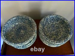 VTG Gerald E Henn Roseville OH Pottery Blue Sponge-ware 6 Cereal Bowls Set Of 6