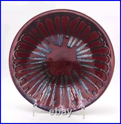 VTG MCM Signed Studio Art Pottery Console Bowl Burgundy Drip Glaze Scalloped 14