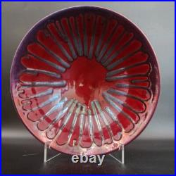 VTG MCM Signed Studio Art Pottery Console Bowl Burgundy Drip Glaze Scalloped 14