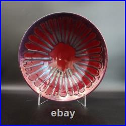 VTG MCM Signed Studio Art Pottery Console Bowl Burgundy Drip Glaze Scalloped 14