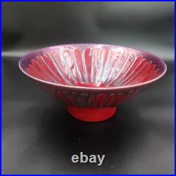 VTG MCM Signed Studio Art Pottery Console Bowl Burgundy Drip Glaze Scalloped 14