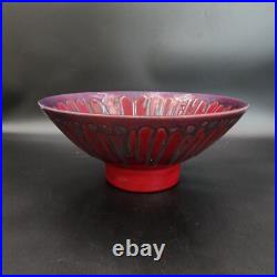 VTG MCM Signed Studio Art Pottery Console Bowl Burgundy Drip Glaze Scalloped 14