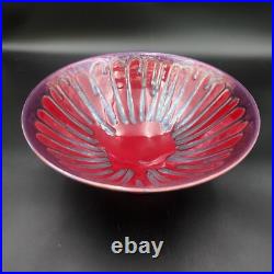 VTG MCM Signed Studio Art Pottery Console Bowl Burgundy Drip Glaze Scalloped 14