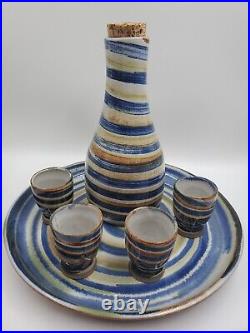 VTG Martz Marshall Studio Pottery Spiral Wine Carafe Cups Platter Signed Rare