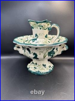 VTG Mason Patent Ironestone Chartreuse Pattern England Pedestal Bowl WithPitcher