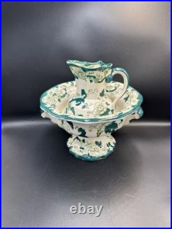VTG Mason Patent Ironestone Chartreuse Pattern England Pedestal Bowl WithPitcher