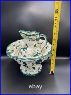 VTG Mason Patent Ironestone Chartreuse Pattern England Pedestal Bowl WithPitcher