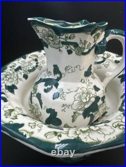 VTG Mason Patent Ironestone Chartreuse Pattern England Pedestal Bowl WithPitcher