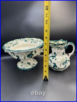 VTG Mason Patent Ironestone Chartreuse Pattern England Pedestal Bowl WithPitcher