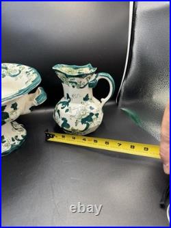 VTG Mason Patent Ironestone Chartreuse Pattern England Pedestal Bowl WithPitcher