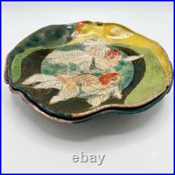VTG Raku Studio Art Pottery 12 Bowl Signed Nora Crackle Glaze Koi Fish Metallic