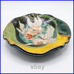VTG Raku Studio Art Pottery 12 Bowl Signed Nora Crackle Glaze Koi Fish Metallic