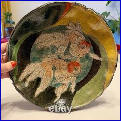 VTG Raku Studio Art Pottery 12 Bowl Signed Nora Crackle Glaze Koi Fish Metallic